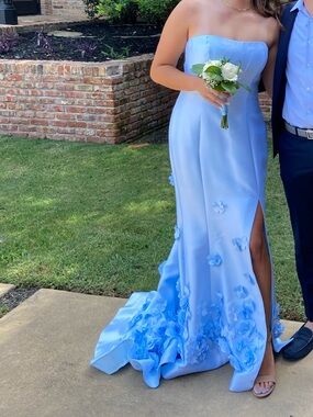 Sherri Hill Light Blue Strapless Floral Appliqué Prom Gown